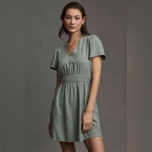Anthropologie Cloth & Stone Flutter-Sleeve V-Neck Green Mini Dress Size Large